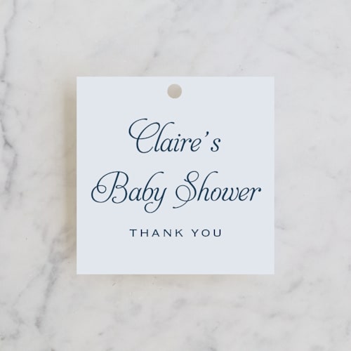 This is a powder baby shower favor tags with standard by Carolyn MacLaren called modernne printing on signature in tag