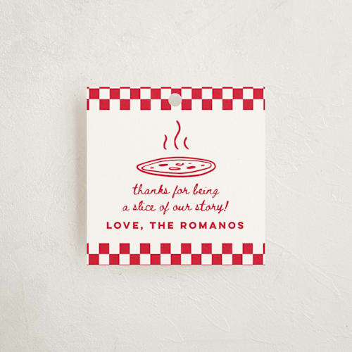 This is a marinara baby shower favor tags with standard by Madhvi Samimi called special delivery pizza printing on signature in tag