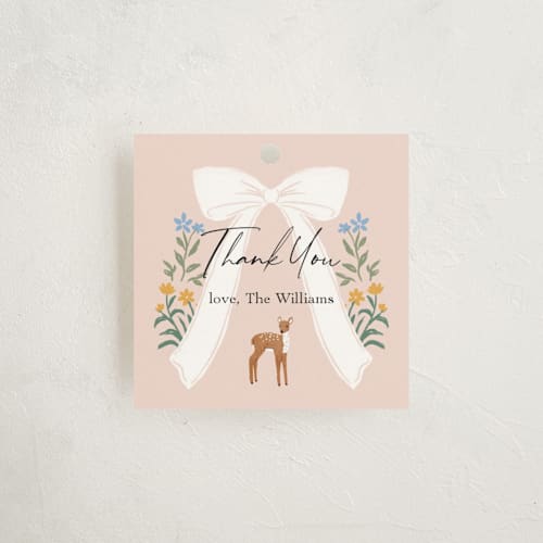 This is a petal baby shower favor tags with standard by Elly called ribbon in bloom printing on signature in tag