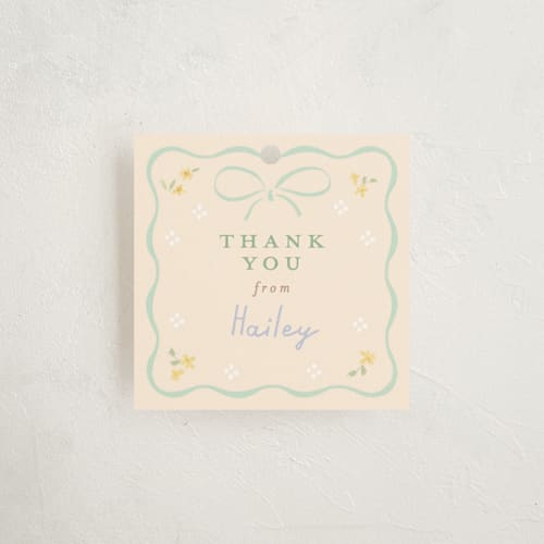 This is a seafoam baby shower favor tags with standard by Jennifer Wick called petite corners printing on signature in tag