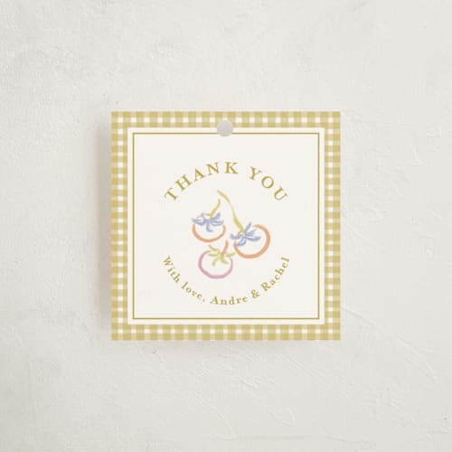 This is a olive baby shower favor tags with standard by Natalie Rae called veggie patch printing on signature in tag
