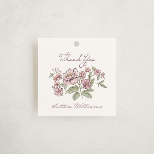 This is a heather baby shower favor tags with standard by Jenna Holcomb called baby in bloom. printing on signature in tag