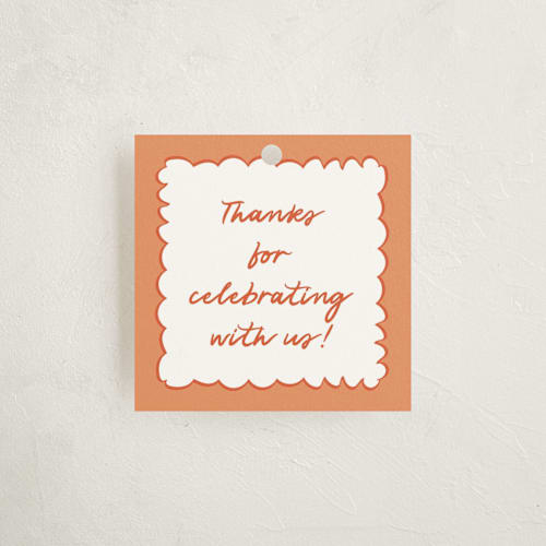 This is a tangerine baby shower favor tags with standard by Zani van Zyl called stork party printing on signature in tag