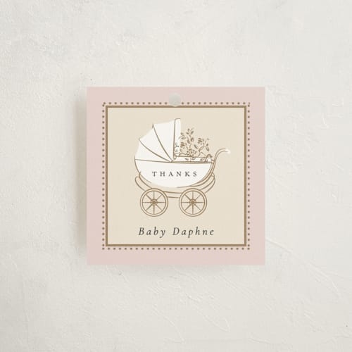 This is a antique blush baby shower favor tags with standard by Ana de Sousa called petal & pram printing on signature in tag
