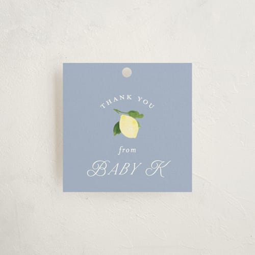 This is a rome baby shower favor tags with standard by Claudia Orengo called limoncello printing on signature in tag