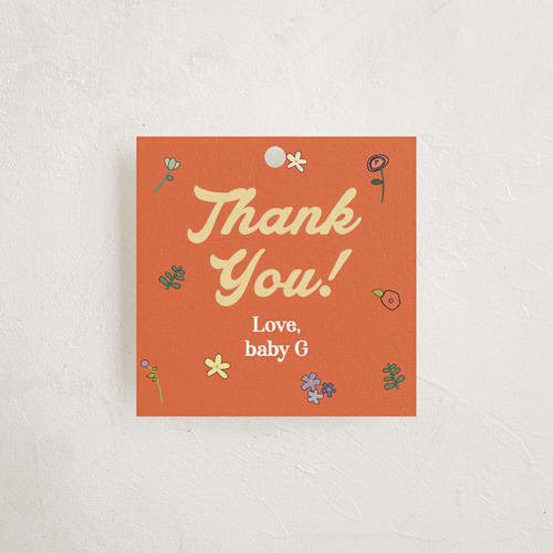 This is a daffodil baby shower favor tags with standard by Felicia Balestrere called modern peach floral printing on signature in tag