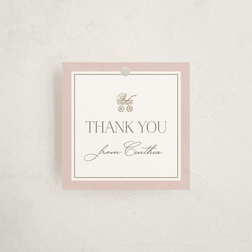 This is a rose baby shower favor tags with standard by Lucrecia Caporale called the little heirloom printing on signature in tag