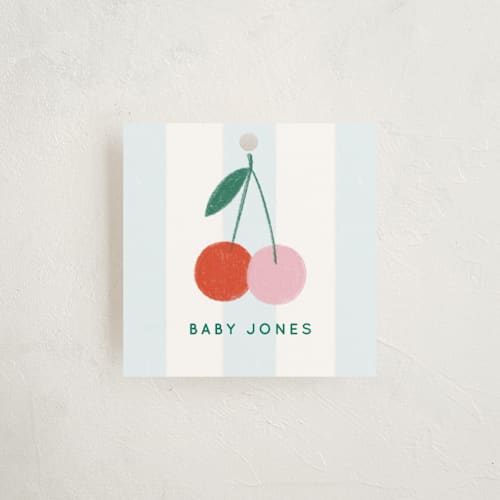This is a blue sky baby shower favor tags with standard by Kiersten Garner called tiny cherry on top printing on signature in tag