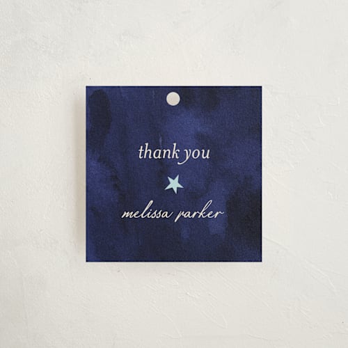This is a midnight baby shower favor tags with standard by Ilene Guy called midnight stars printing on signature in tag