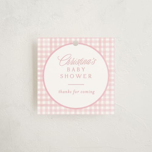 This is a cotton candy baby shower favor tags with standard by Creo Study called classic gingham printing on signature in tag