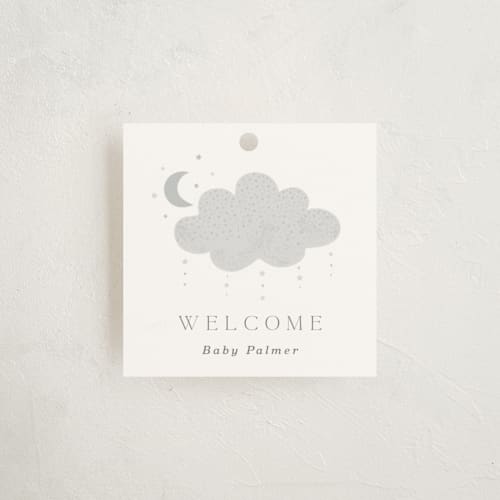 This is a slate baby shower favor tags with standard by Marina Onoprienko called moon baby printing on signature in tag