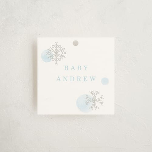 This is a glacier baby shower favor tags with standard by Baumbirdy called snowflakes printing on signature in tag
