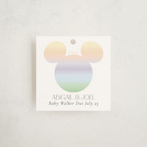 This is a rainbow baby shower favor tags with standard by Beth Schneider called disney ombre mickey mouse printing on signature in tag