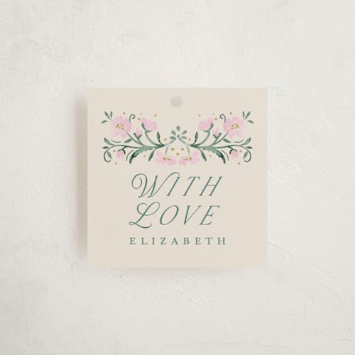 This is a evergreen baby shower favor tags with standard by Petra Kern called book cover printing on signature in tag