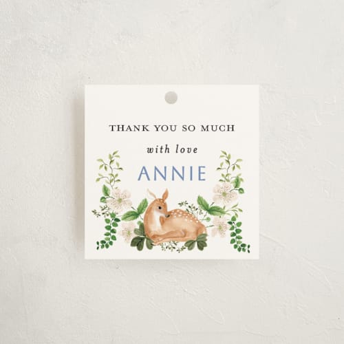This is a elderflower baby shower favor tags with standard by Sarah Knight called spring woodland printing on signature in tag