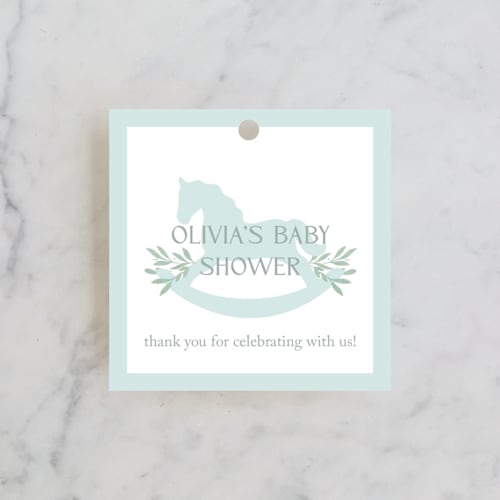 This is a celeste baby shower favor tags with standard by Melinda Denison called baby shower wreath printing on signature in tag