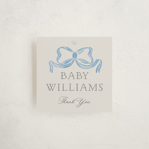 This is a baby blues baby shower favor tags with standard by Lehan Veenker called vintage bow printing on signature in tag