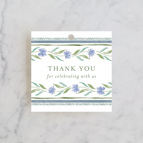 This is a cotswolds baby shower favor tags with standard by Jackie Crawford called wildflower ribbon printing on signature in tag