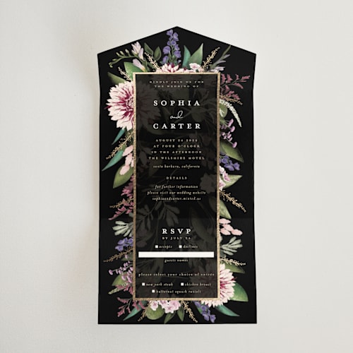 This is a midnight all in one wedding invitations with foil pressed by Susan Moyal called bold bouquet printing on value cover in all-in-one