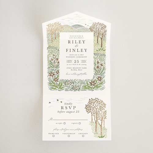 This is a forest all in one wedding invitations with foil pressed by Paper Sun Studio called in the country printing on value cover in all-in-one