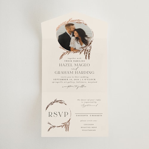 This is a pearl all in one wedding invitations with foil pressed by Erin L. Wilson called locket printing on value cover in all-in-one