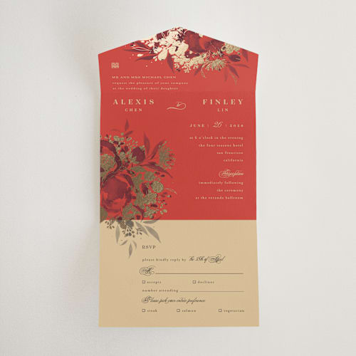 This is a cherry all in one wedding invitations with foil pressed by Shannon Chen of Four Wet Feet Studio called happiness printing on value cover in all-in-one