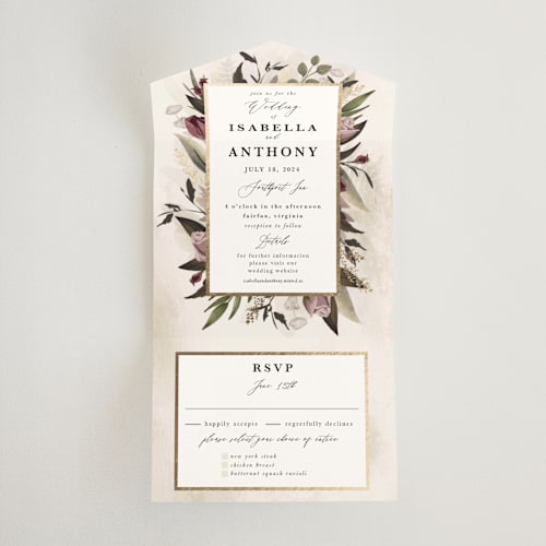 This is a aubergine all in one wedding invitations with foil pressed by Susan Moyal called roses & greenery printing on value cover in all-in-one