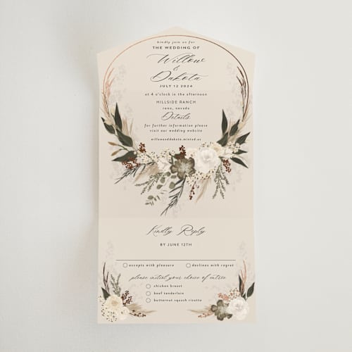 This is a latte all in one wedding invitations with foil pressed by Susan Moyal called botanical edge printing on value cover in all-in-one