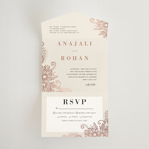 This is a peony all in one wedding invitations with foil pressed by Oma N. Ramkhelawan called mandala corners printing on value cover in all-in-one