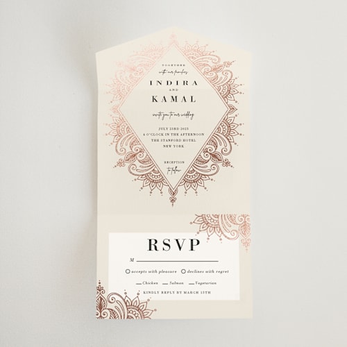 This is a champagne rose all in one wedding invitations with foil pressed by Oma N. Ramkhelawan called regal mehndi printing on value cover in all-in-one