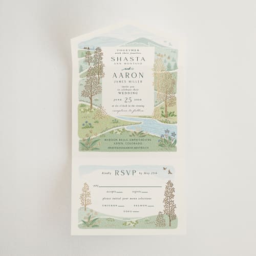 This is a evergreen all in one wedding invitations with foil pressed by Paper Sun Studio called mountaintop printing on value cover in all-in-one