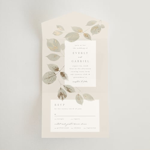 This is a meadow all in one wedding invitations with foil pressed by Kristie Kern called sonnet printing on value cover in all-in-one