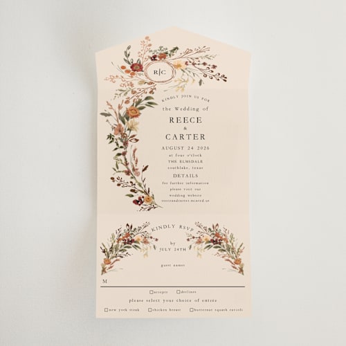 This is a harvest all in one wedding invitations with foil pressed by Susan Moyal called monogrammed floral printing on value cover in all-in-one