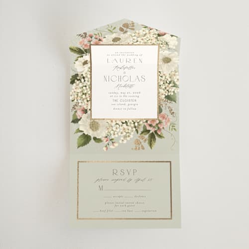 This is a moss all in one wedding invitations with foil pressed by Chris Griffith called floral tribute printing on value cover in all-in-one
