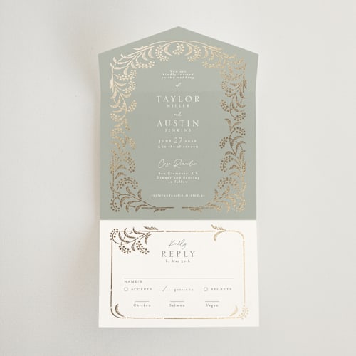 This is a willow all in one wedding invitations with foil pressed by Leia Matt called riviera printing on value cover in all-in-one