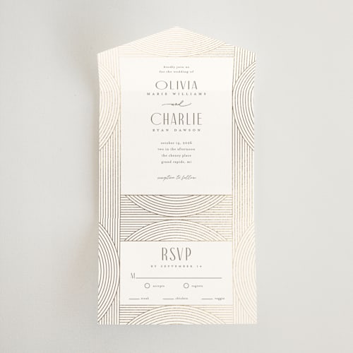 This is a alabaster all in one wedding invitations with foil pressed by Pixel and Hank called moderne printing on value cover in all-in-one
