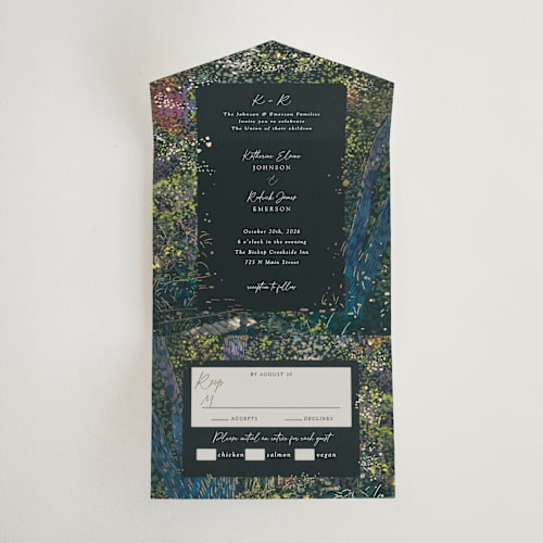 This is a emerald all in one wedding invitations with foil pressed by Becky Nimoy called by the creek printing on value cover in all-in-one