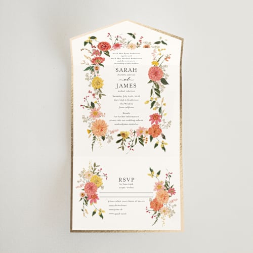 This is a burgundy all in one wedding invitations with foil pressed by Susan Moyal called enchanting printing on value cover in all-in-one