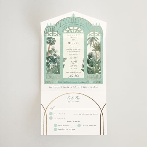 This is a seagreen all in one wedding invitations with foil pressed by Elly called the greenhouse printing on value cover in all-in-one