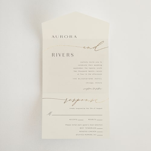 This is a smoke all in one wedding invitations with foil pressed by Olivia Raufman called gathering printing on value cover in all-in-one