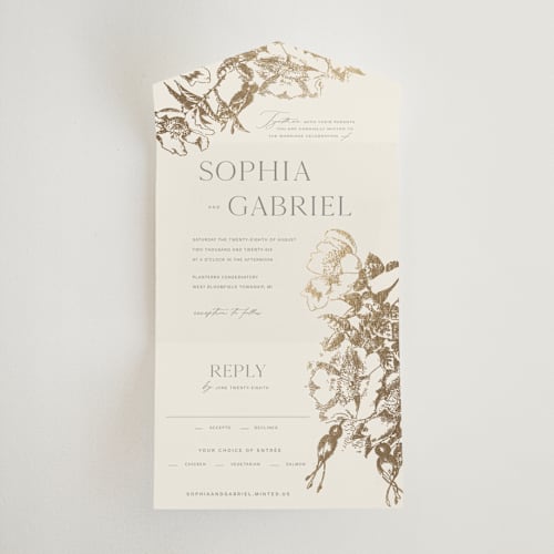 This is a hope floats all in one wedding invitations with foil pressed by Design Lotus called mon amour printing on value cover in all-in-one