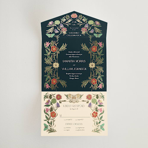 This is a midnight garden all in one wedding invitations with foil pressed by Simona Camp called gilded tapestry printing on value cover in all-in-one