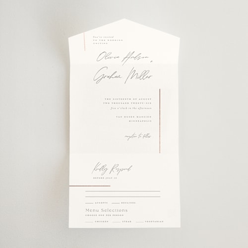 This is a snow all in one wedding invitations with foil pressed by Michelle Taylor called simple lines printing on value cover in all-in-one