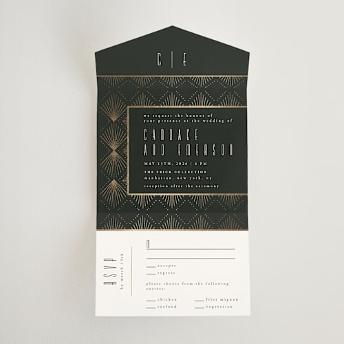 This is a onyx all in one wedding invitations with foil pressed by Ana de Sousa called deco pattern printing on value cover in all-in-one