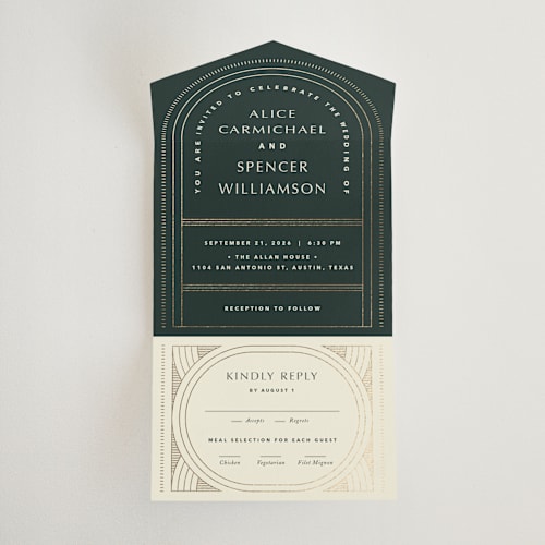 This is a fir all in one wedding invitations with foil pressed by Kindred Fields called deco arch printing on value cover in all-in-one