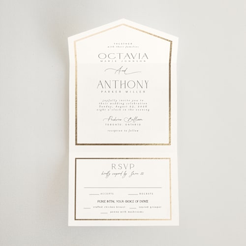 This is a porcelain all in one wedding invitations with foil pressed by Nicole Walsh called regal printing on value cover in all-in-one