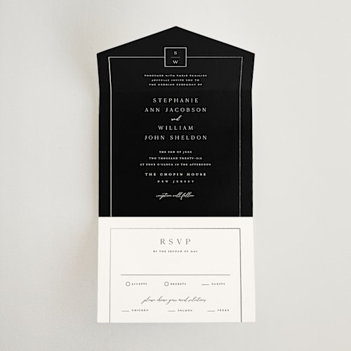 This is a noir all in one wedding invitations with foil pressed by Stacey Meacham called elegant station printing on value cover in all-in-one