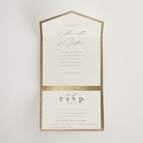 This is a sand all in one wedding invitations with foil pressed by Nicole Walsh called surround printing on value cover in all-in-one