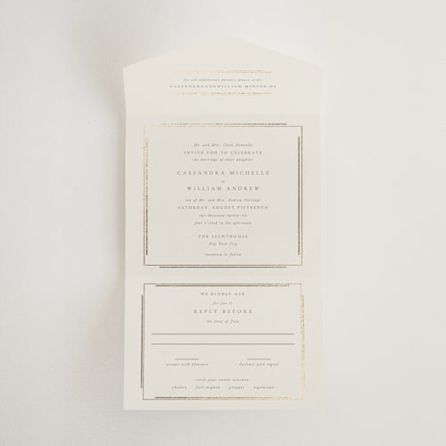 This is a sand all in one wedding invitations with foil pressed by Jackie Mangiolino called illusion printing on value cover in all-in-one