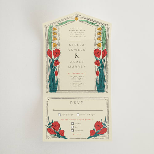 This is a birch all in one wedding invitations with foil pressed by Shiny Penny Studio called deco spring florals printing on value cover in all-in-one